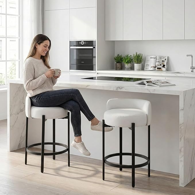 LukeAlon Modern PU Leather Counter Stools Set of 4, Upholstered 26" Seat Height Barstools with Black Metal Legs Round Low Back Kitchen Stools with Footrest for Dining Room Small Places, Cream White
