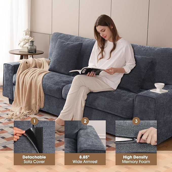 DOPEDIO Modern Living Room Sofa Set, 71.25" Chenille Loveseat with 2 Accent Chairs, Removable Covers, Spring Cushions, Solid Wood Frame, Easy Assembly（71.25inch+2 Single,Blue）