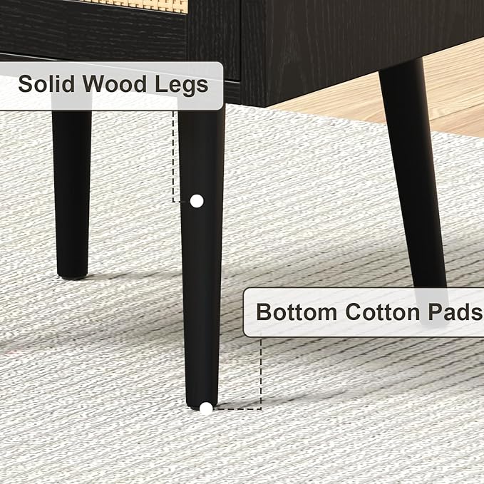 MECHYIN Night Stand Set 2, Nightstands Set of 2 with Charging Station, Rattan Side Tables with Solid Wood Legs, Boho Bedside End Table for Apartment Bedroom Dorm Small Space - Black