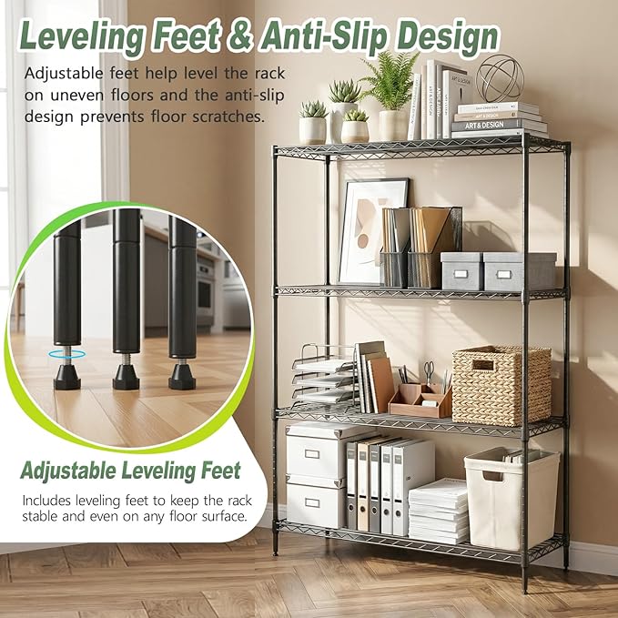 BestOffice 4-Tier Wire Shelving Unit, 800 LBS Heavy Duty Metal Storage Shelves, Adjustable Wire Shelf for Garage, Kitchen, Pantry, Utility Shelving Rack with Leveling Feet, Black