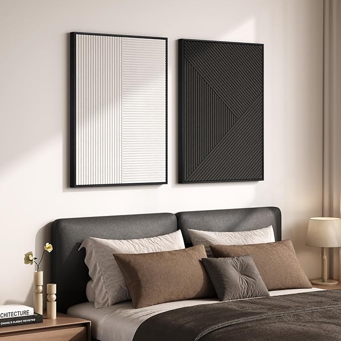 Large 3D Textured Framed Black and White Abstract Wall Art, 2 Piece Modern Minimalist Artwork for Walls, Black White Geometric Line Pictures for Living Room Bedroom Hallway Office Wall Decor 24x36 In