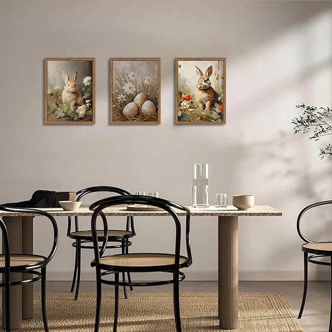 Vintage Easter Bunny Wall Art Set of 3, Spring Easter Rabbit Eggs Canvas Wall Decor Paintings, Rustic Farmhouse Animal Artwork Prints Pictures for Living Room Bedroom Bathroom 16x24 Inch Framed