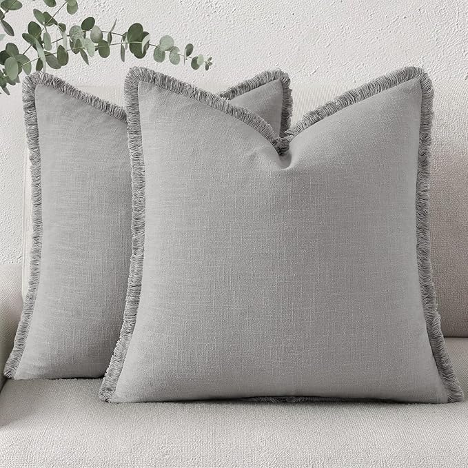 decorUhome Summer Decorative Neutral Linen Fringe Throw Pillow Covers Set of 2 Light Grey Pillow Covers with Tassels Soft Farmhouse Boho Accent Pillow Cases for Couch Bed Sofa 18x18 Inch