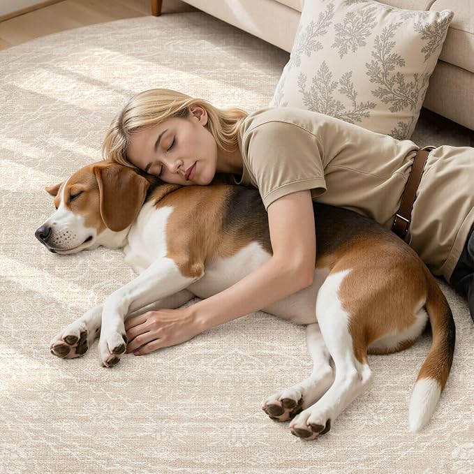 8ft Round Rug Living Room: Washable Large Vintage Neutral Area Rug Non-Slip Soft Stain Resistant Indoor Carpet for Bedroom Nursery Dining Room Under Table Bed Home House Office Playroom - Beige