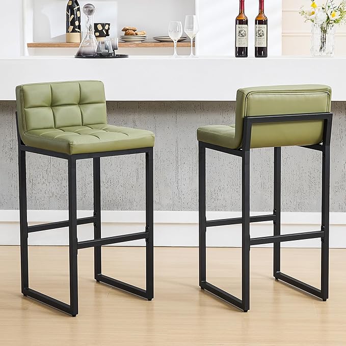 FIRAVOE Set of 2 Bar Stools, Modern Counter Stool, Upholstered Faux Leather Barstools with Back, Comfortable 30-inch Seat Height Island Chairs for Kitchen Island (Avocado Green, 2Pcs 30" Bar Stools)
