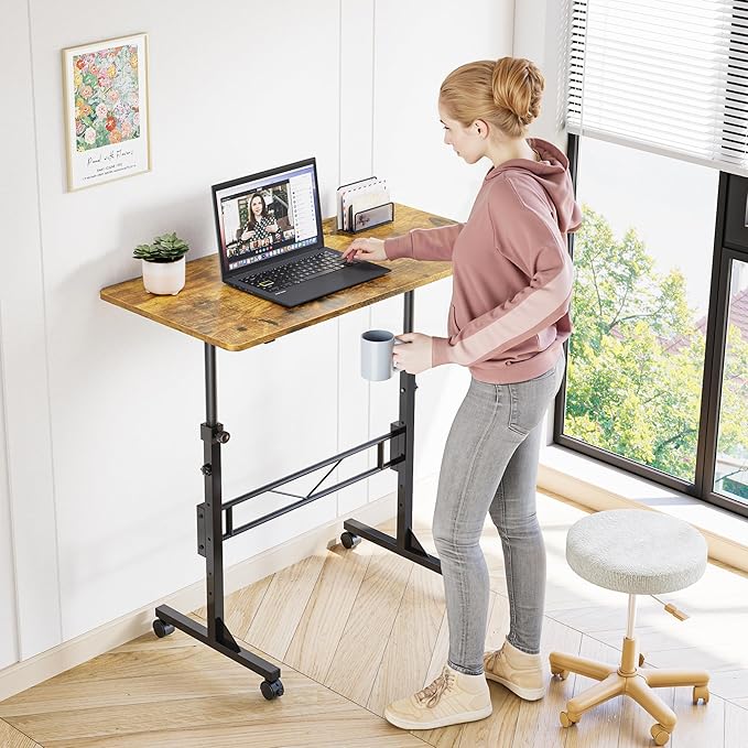 HOMIDEC Standing Desk, 32 Inch Portable Small Desk Adjustable Height, Rolling Home Office Desks with Wheels, Sit Stand Desk for Bedroom Walking Pad Home Office Small Space, Rustic