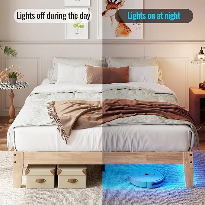 Full Size Solid Wood Platform Bed with Led Light - Noise-Free Design with Metal and Wood Slat Support, No Box Spring Needed, Easy Assembly, Natural Wood Finish