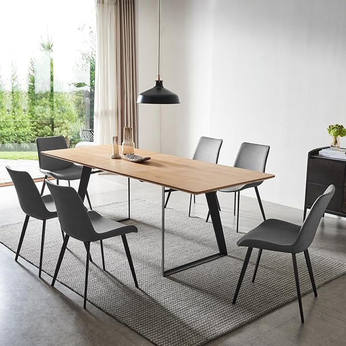 ZckyCine 63"-79" Expandable Dining Table Set for 6, Modern Oak Wood Table & 6 Grey Chairs – Extendable Dining Set for Kitchen & Dining Room
