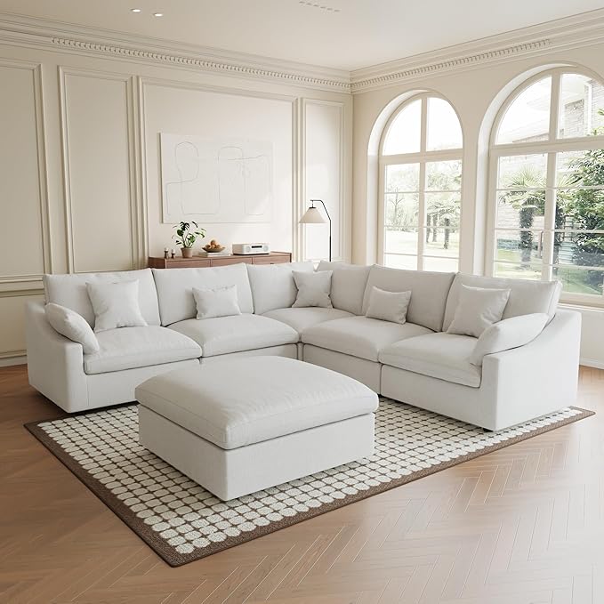 Modular Sectional Sofa Cloud Couch, Oversized 5 Seater Sofa with Ottomans, Extra Large V Shaped Deep Seat Couches for Living Room, Sofa Covers Washable&Removable, White