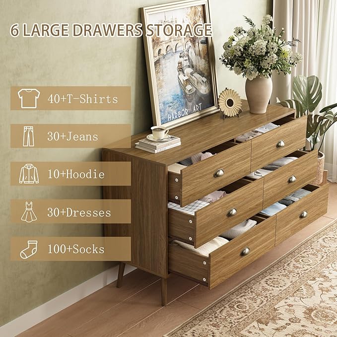 CARPETNAL Dresser for Bedroom Wide Mid Century Modern Chest of Drawers,Wooden Bedroom Dresser with 6 Storage Drawers for Living Room,Oak