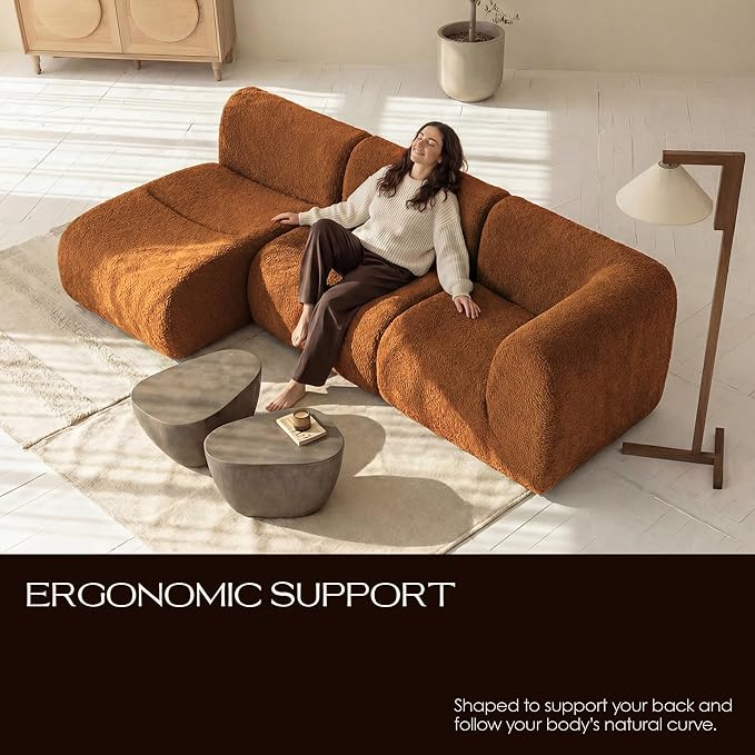 Curved Modular Single Sofa Chair, 33" Foam Boneless Sherpa Couch, Comfy Teddy sofas for Small Spaces, Modern Sectional Couches for Living Room, Bedroom, Apartment, Dorm, Office– No Assembly, Orange