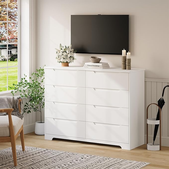 Gizoon 8 Drawer Dresser, 47" Wide White Dresser for Bedroom with Cut-Out Handles, Modern Wooden Chest of Drawers with Anti-Tip Kit, for Living Room, Hallway, Entryway, Home Office