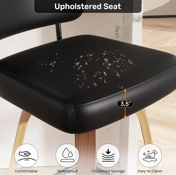 Swivel Bar Stools Set of 3, 26" Upholstered Faux Leather Counter Height Barstools with Walnut Back & Bentwood Legs, Mid Century Modern Bar Chairs Island Stools for Kitchen Counter, Black