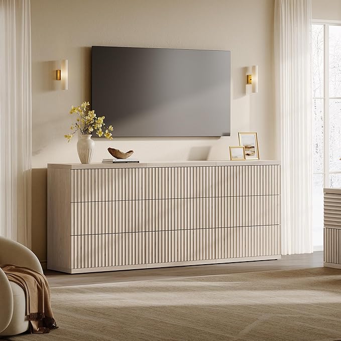 SICOTAS Modern Sideboard Buffet Cabinet, Fluted Credenza Storage Cabinet with 3 Larger Drawers, Mid Century Media Console Coffee Bar Table for Dining Room Hallway Kitchen, White Alder