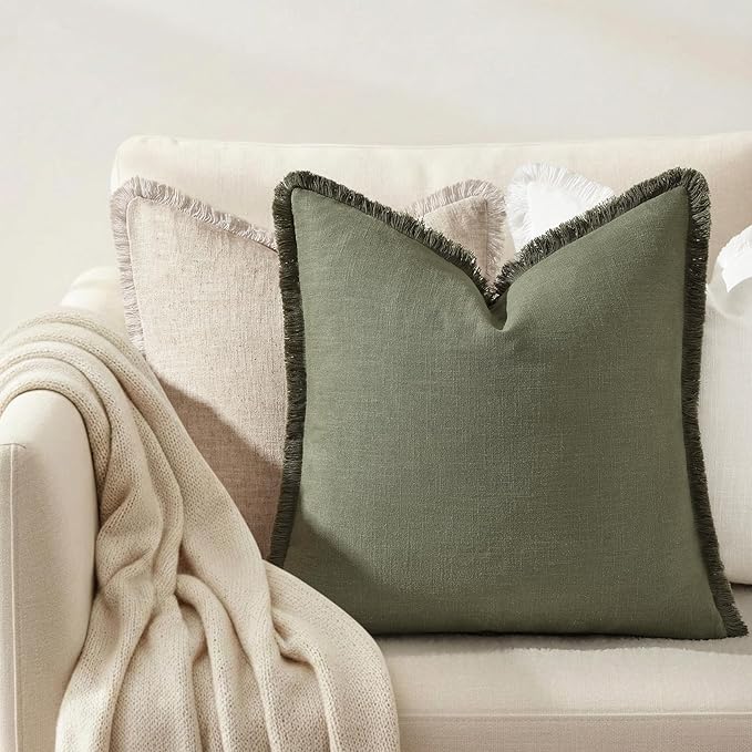 decorUhome Summer Decorative Neutral Linen Fringe Throw Pillow Covers Set of 2 Olive Green Pillow Covers with Tassels Soft Farmhouse Boho Accent Pillow Cases for Couch Bed Sofa 20x20 Inch