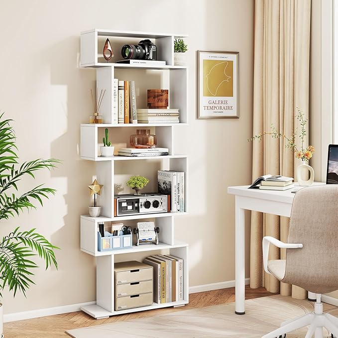 Giantex 6-Tier Geometric Bookshelf, S-Shaped Bookcase with 2 Anti-Tipping Kits, Wooden Display Shelf, Decorative Storage Shelving Unit, Home Storage Organizer for Office Living Room (1,White)