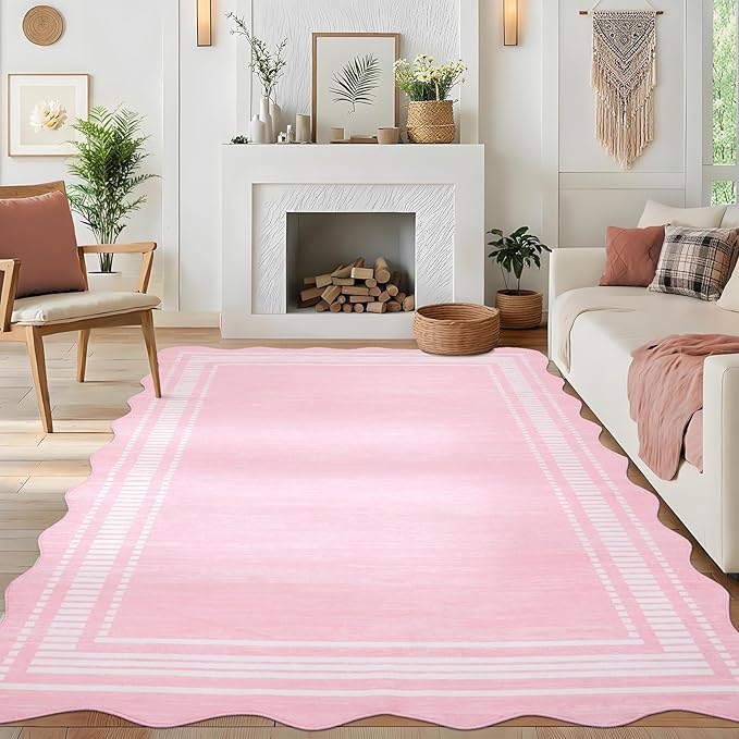 Garvee Modern Scalloped Rug 9x12 Washable Rugs for Living Room, Non-Slip Non-Shedding Faux Wool Soft Carpet, Minimalist Solid Neutral Large Floor Mats for Home Office Decor, Pink