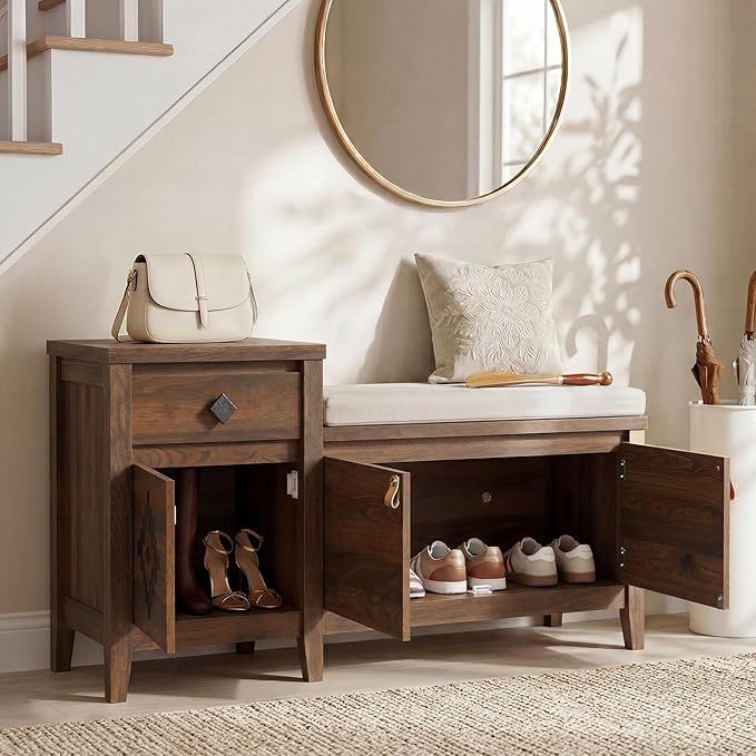 Entryway Bench with Storage, 3 in 1 Storage Bench with 1 Drawer and 2 Cubbies, 44" Rustic Wooden Seat with Cushion for Living Room, Bedroom, Entry Hall (Walnut)