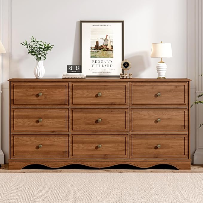 Chrangmay 9 Drawer Dresser,63" Wide Mid Century Chest of Drawers,Wooden Bedroom Drawer Dresser with 9 Storage Drawers for Bedroom,Living Room,with Anti-Tipping Device,Umber.