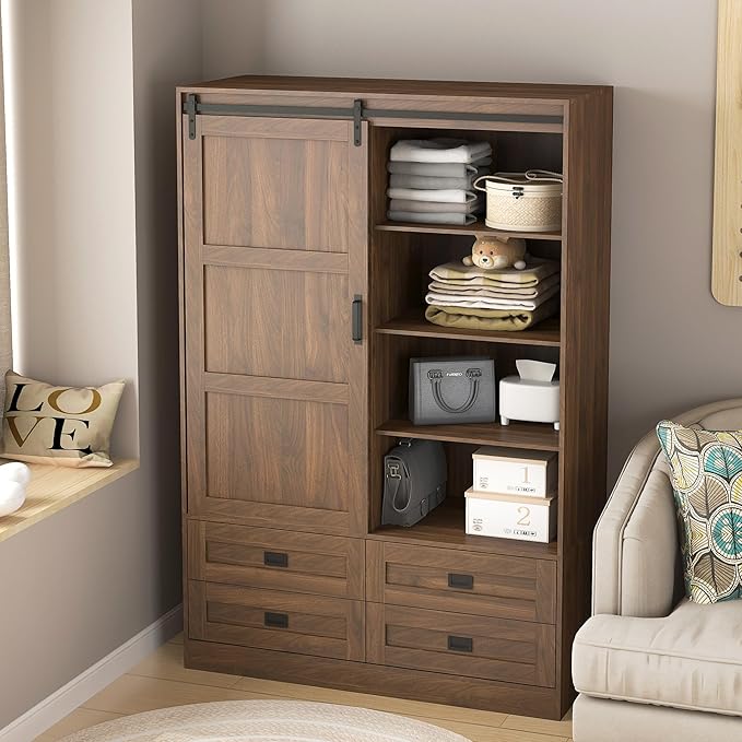 Wardrobe Closet with Sliding Barn Door, Tall Wooden Bedroom Armoire Wardrobe Closet Clothing Storage Cabinet with 4 Drawers, Adjustable Shelves and Hanging Rod, Clothes Cabinet for Bedroom, Brown