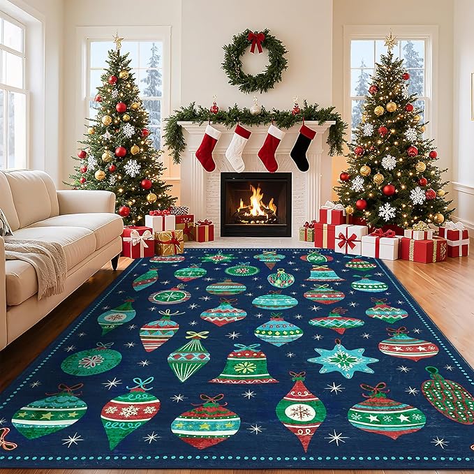 Christmas Area Rug 8x10 Rugs Washable Living Room Rug Xmas Holiday Decor Rugs Christmas Ball Low Pile Boho Rug Indoor Floor Carpet for Bedroom Kitchen Dining Room Home(Xmas Blue, 8'x10')