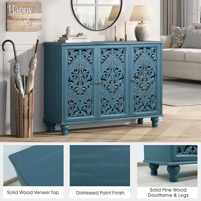 JOINICE Accent Cabinet with 3 Carved Doors, Distressed Blue Sideboard Buffet with Storage & Solid Wood Legs, 43" Vintage Console Table for Living Room, Entryway, Coffee Bar, Hallway
