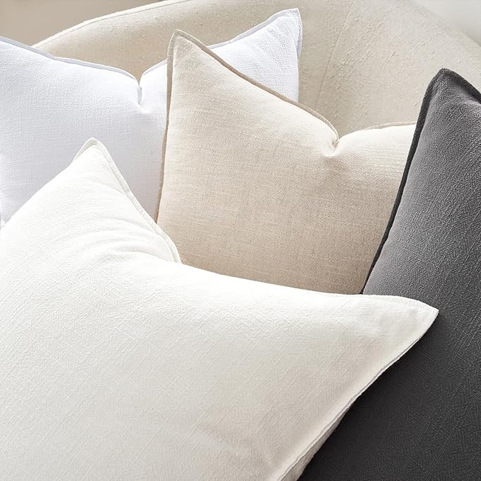 Grey Pillow Covers 18x18 Neutral Boho Couch Linen Throw Pillows with Flange Design for Bed Pack of 4 Accent Modern Pillowcase for Sofa Livingroom Bed and Balcony Home Decor