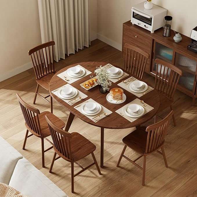 Solid Wood Round Extendable Dining Table, 43″-59″ Expandable Dining Table for 4-8, Oval Extendable Dining Room Table with Hidden Storage, Oval Dining Tables with Leaf, Walnut Round Kitchen Table