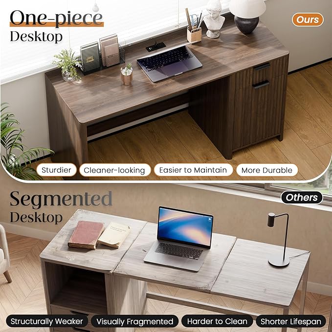 60" Fluted Home Office Desks with Storage, Modern Executive Desk Computer Desk with Drawer & Cabinet, Wood Work Desk for Office, Bedroom, Study, Living Room, Walnut