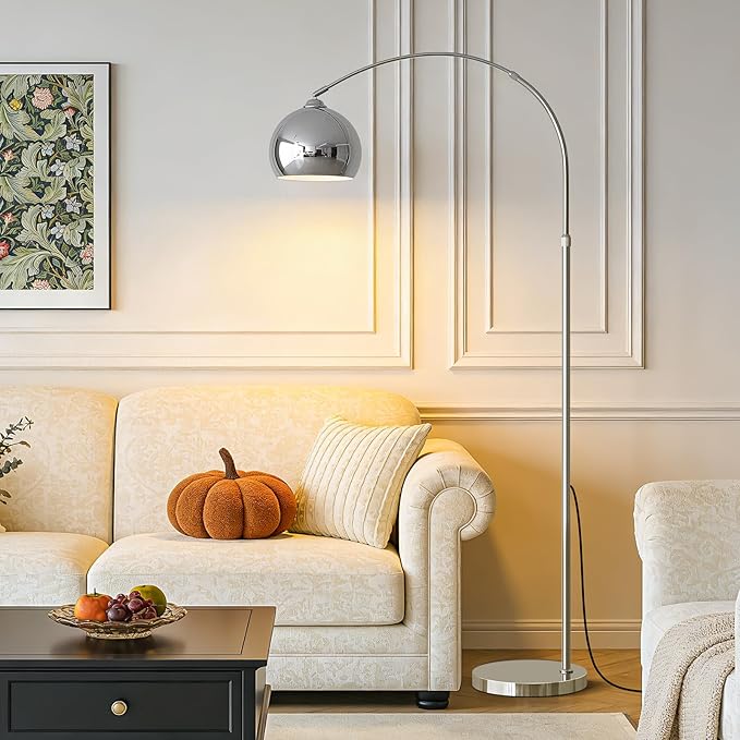 Glossy Silver Arc Floor Lamp 71" Tall, Dimmable 12W LED Smart Standing Lamp with Remote, 360° Rotatable Adjustable Height & Span, Modern Floor Lamp for Living Room, Bedroom, Office, Library