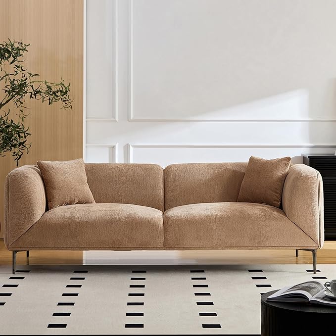 82.7" Modern Couch Boucle 3 Seater Sofa, Upholstered Minimalist Curved Sofas with Metal Legs, Cozy Luxury Deep Seat Memory Foam Couches for Living Room Bedroom Home Office Apartment, Camel