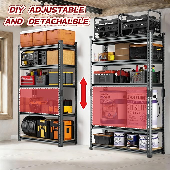 Garage Shelving Heavy Duty, 2450LBS Metal Storage Shelves 5 Tier, Adjustable Shelving Unit 36" W x 16" D x 72" H, Boltless Garage Storage Rack for Garage Basement, Pantry, Warehouse 2Pcs