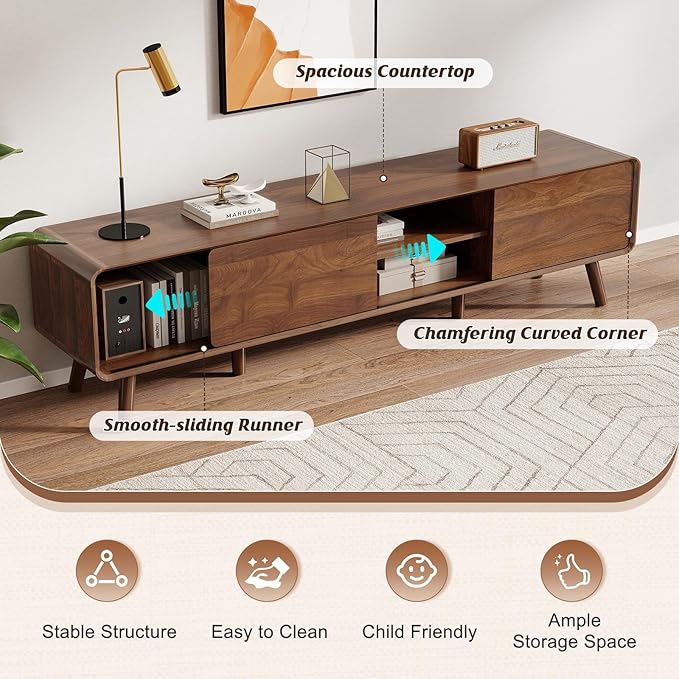 Nasonet 70" Mid Century Modern TV Stand for Tvs up to 80", Entertainment Center with Storage, Sideboard Media Console for Living Room with 2 Sliding Door/Adjustable Shelves, Walnut