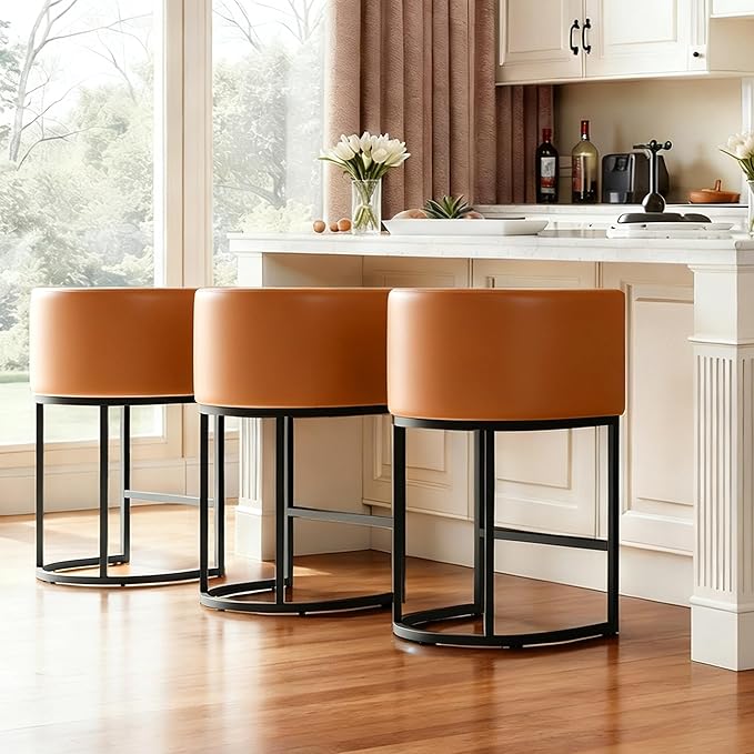 Modern Counter Height Bar Stools,Bar Stools Set of 4,PU Leather Upholstered Barrel Barstools with Backs,24'' Kitchen Island Chairs,Metal Black Frames,Camel Brown Leather