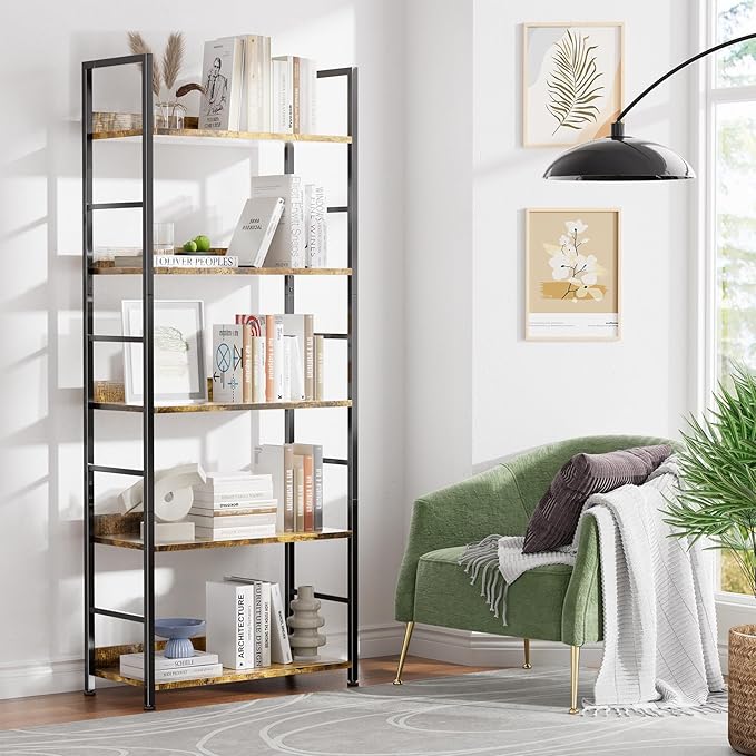 Ekisemio Bookshelf, 5 Tier Industrial Bookcase, Vertical Tall Bookshelf, Wood and Black Metal Open Shelves, Farmhouse Storage Rack for Living Room, Home Office, Bedroom, Rustic Brown