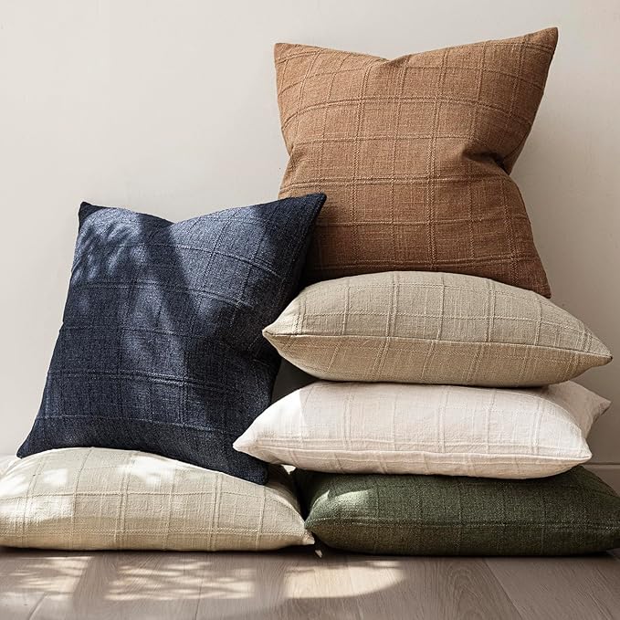 Foindtower Set of 2 Decorative Linen Check Throw Pillow Covers Neutral Farmhouse Vintage Cushion Covers Modern Boho Home Decor for Sofa Chair Couch Bedroom Living Room,22×22 Inch,Brick