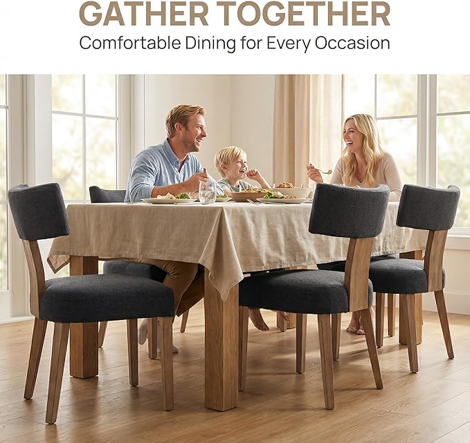HNY Mid Century Modern Dining Chairs Set of 6, Farmhouse Linen Upholstered Accent Chairs Curved Backrest Kitchen Chairs, with Hardwood Frame, Charcoal