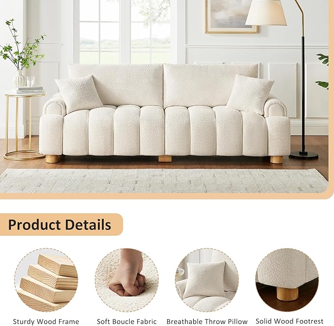 VANOMi Boucle Sofa Couch, 91" Comfy Tufted Upholstered Cloud Couches, Modern 3 Seater Sofa with Pillows, Oversized Deep Seat Sherpa Couch for Living Room, Bedroom, Apartment (White)