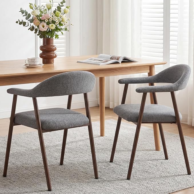 DUMOS Dining Chairs Set of 2, Linen Fabric Upholstered Kitchen Side Chairs with Curved Backrest & Metal Legs, Modern Farmhouse Accent Chairs for Dining Room Kitchen Living Room Cafe, Gray