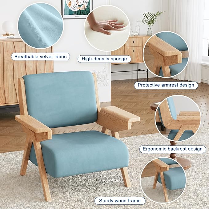 Accent Chair Mid Century Modern Chair, Velvet Upholstered Lounge Arm Chair with Solid Wood, Cozy Reading Chair for Living Room, Bedroom, Balcony (Blue, Single Chair)