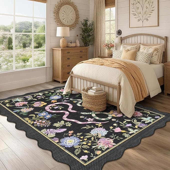 Garvee Washable 9x12 Area Rugs for Living Room Non Slip Botanical Snake Rugs for Bedroom, Boho Scalloped Stain-Resistant Dining Room Rug for Under Table Carpet for Home Office Playroom Farmhouse,Black