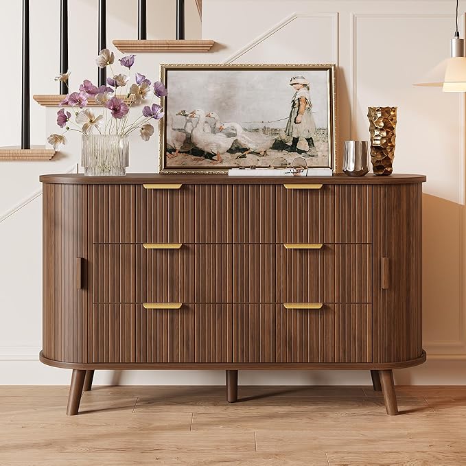Decofy Fluted 6 Drawers Dresser, 55'' Wide Mid Century Modern Chest of Drawers with Sliding Door & Metal Handles, Curved Profile & Sturdy Legs, Wood TV Stand for Bedroom, Living Room (Walnut)