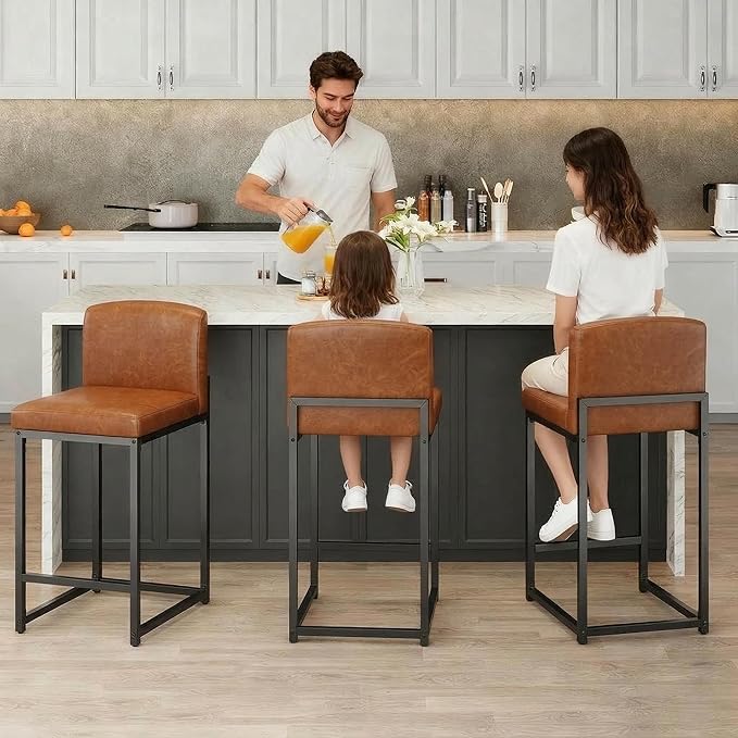 GarveeHome Bar Stools Set of 6, Modern Counter Height Bar Stools with Back and Footrest, Faux Leather Upholstered Barstools Chairs for Kitchen Island Dining Room Bar, Brown