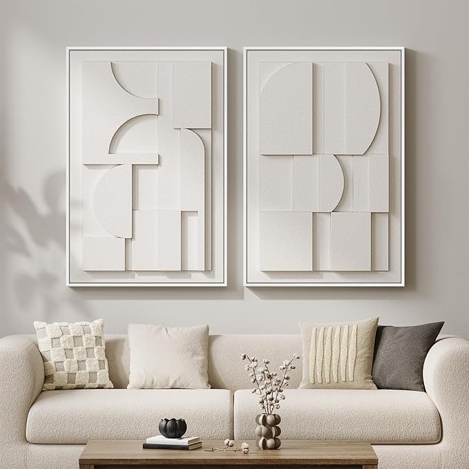 Large 3D Textured Framed White Abstract Wall Art for Living Room, Set of 2 Modern Sandstone Artwork for Walls, White Minimalist Geometric Block Pictures for Bedroom Hallway Office Wall Decor 24x36 In
