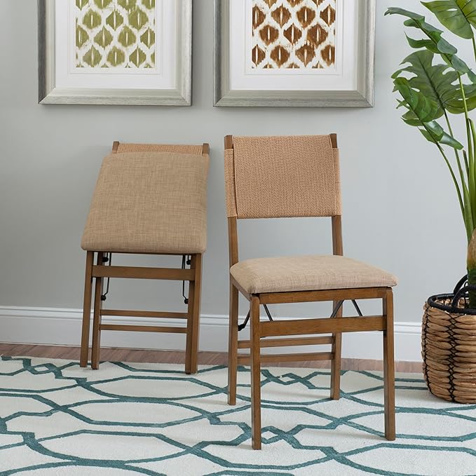 Bennett Natural Folding Chair with Rope Back and Linen Upholstered Seat Set of 2 by Linon