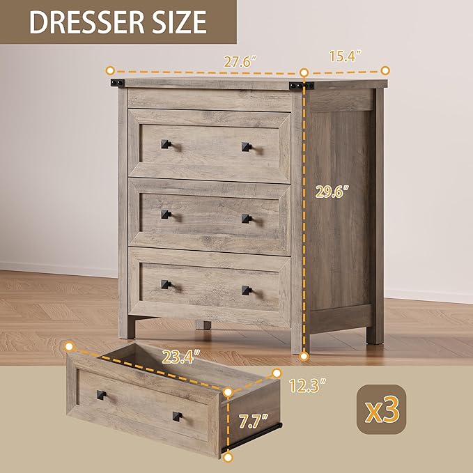 BORNOON 3-Drawer Dresser, Small Wooden Chest of Drawers with Metal Knobs, Water-Resistant Top, Storage Organizer with Anti-Tip Kit for Bedroom, Nursery, Living Room