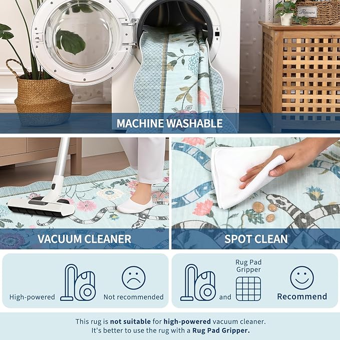 Garvee Washable 9x12 Area Rugs for Living Room Non Slip Botanical Snake Rugs for Bedroom, Boho Scalloped Stain-Resistant Dining Room Rug for Under Table Carpet for Home Office Playroom Farmhouse,Blue