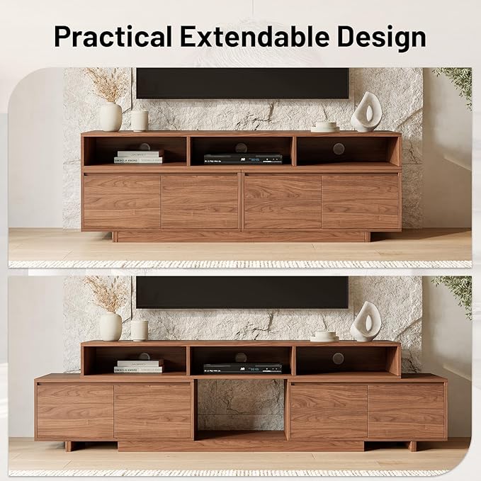 Extendable TV Stand for 65-100 Inches TVs - Walnut Entertainment Console with 2 Cabinets, 3 Open Compartments & 1 Adjustable Shelf, Cable Management, Adjustable Length 63''-94.5'' (Walnut, 63"-94.5")