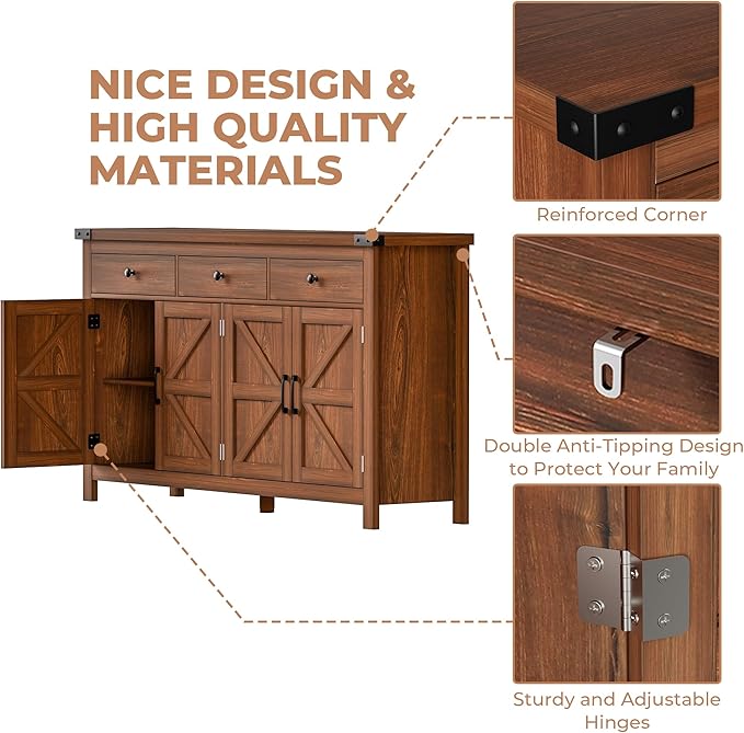VVFLU 63" Sideboard Buffet Cabinet with Storage, Coffee Bar with 3 Drawers and 4 Barn Doors, Long Wider Storage Cabinet Modern Farmhouse, Cherry Wood, for Kitchen, Dining Room, Living Room