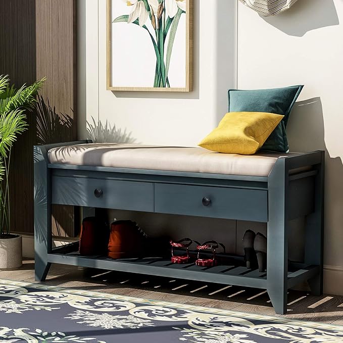 LUMISOL Shoe Storage Bench with Padded Cushion, Rustic Storage Bench with Woven Rattan Doors and Adjustable Shelves for Entryway, Hallway, Living Room, Grey Wash+Beige